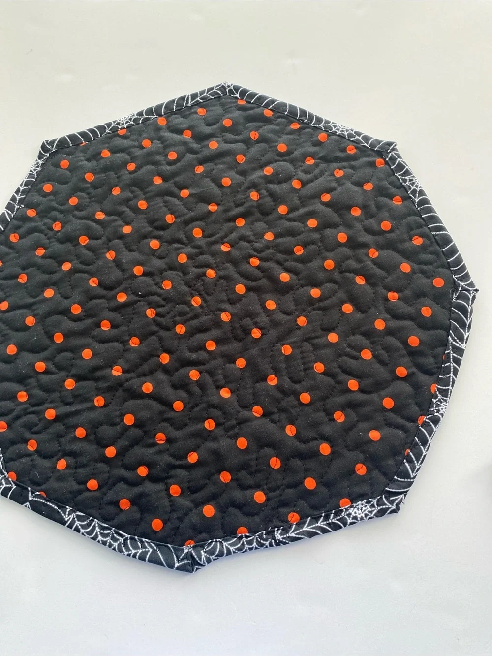 Halloween Spiderweb Quilted Table Topper - Orange & Black 14 inches wide